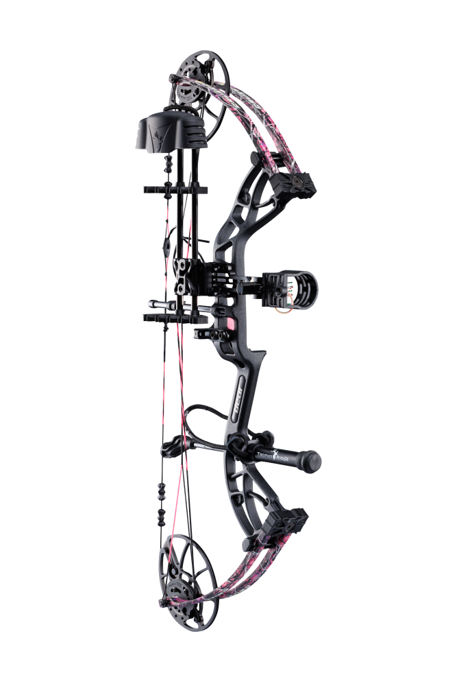 Side view of the Bear Archery Cruzer G4 Compound Bow in color Muddy highlighting its Trophy Ridge Ready-To-Hunt package, featuring a V-Biscuit rest, premium 4 pin sight, 5 arrow quiver, stabilizer, Radial peep sight, and wrist sling.