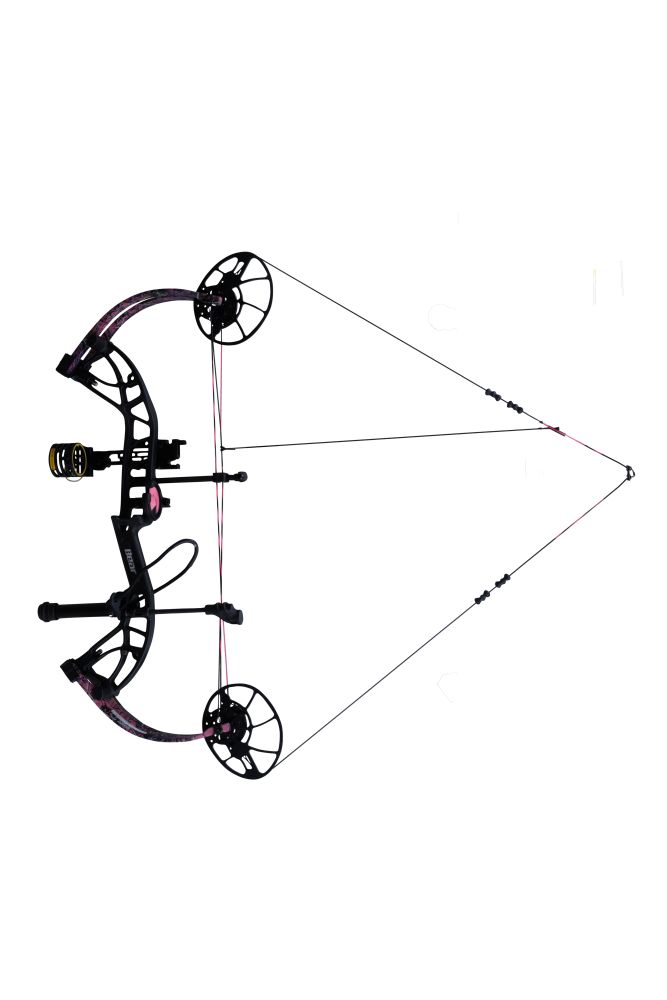 Bear Cruzer G4 RTH Compact Bow in color Muddy aiming left showcasing it's 14"-30" draw length.