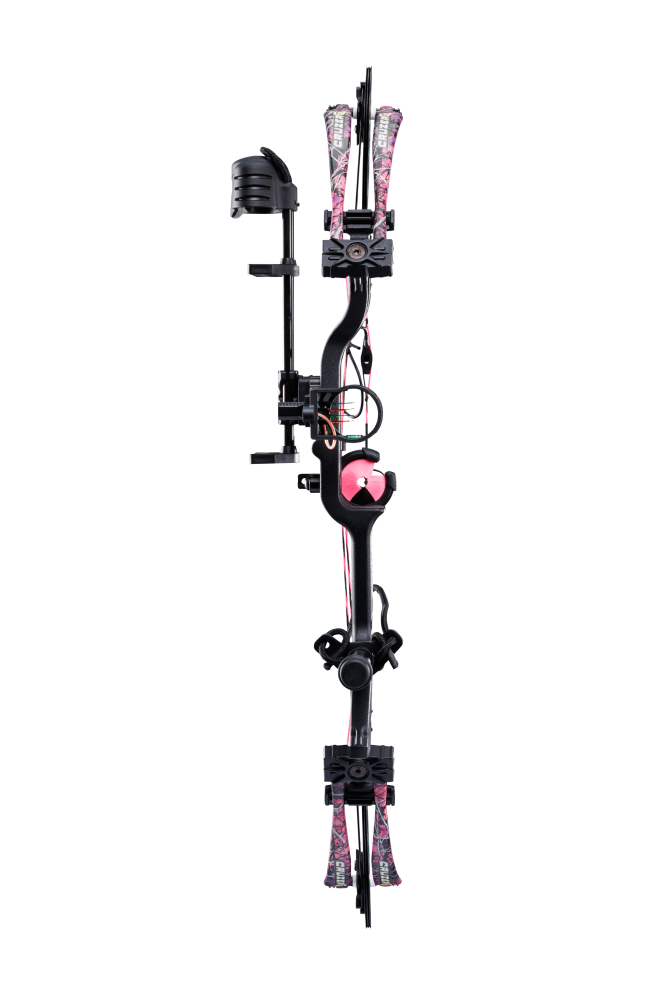 Front view Bear Cruzer G4 Compact Bow in color Muddy with Trophy Ridge Ready-To-Hunt accessories.