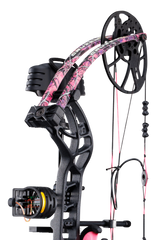 Close up of Trophy Ridge four pin sight and v-biscuit arrow rest. As well as Bear Archery's Cruzer G4 cam system and Muddy color limbs.