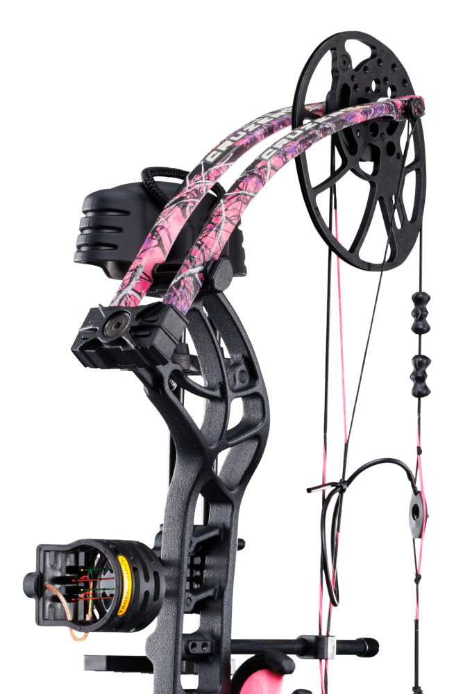 Close up of Trophy Ridge four pin sight and v-biscuit arrow rest. As well as Bear Archery's Cruzer G4 cam system and Muddy color limbs.