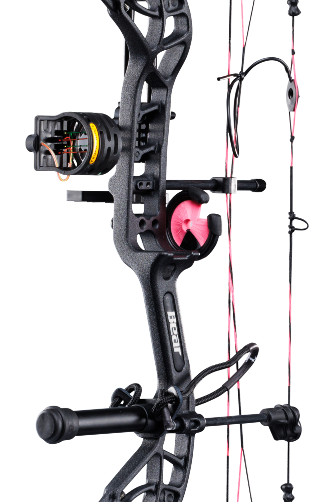Close up of Bear Archery Cruzer G4 compound bow in color Muddy highlighting Trophy Ridge accessories including a V-Biscuit rest, premium 4 pin sight, stabilizer, Radial peep sight, and wrist sling.