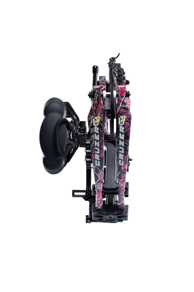 Close up of compound bow limbs showcasing Bear Archery Cruzer G4 compact bow logo on color Muddy.