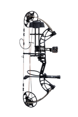Bear Archery Cruzer G4 Compound Bow for bowhunting displayed against a transparent background, emphasizing its professional build quality, True Timber Strata color option, and Trophy Ridge ready-to-hunt accessories.
