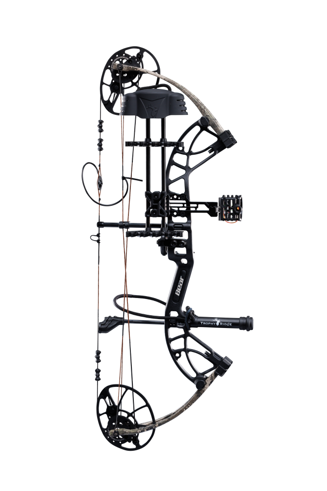 Bear Archery Cruzer G4 Compound Bow for bowhunting displayed against a transparent background, emphasizing its professional build quality, True Timber Strata color option, and Trophy Ridge ready-to-hunt accessories.