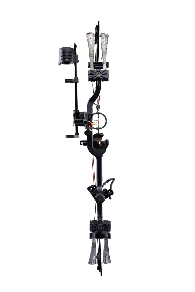 Front view Bear Cruzer G4 Compact Bow in color True Timber Strata with Trophy Ridge Ready-To-Hunt accessories.