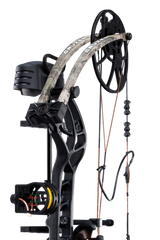 Close up of Trophy Ridge four pin sight and v-biscuit arrow rest. As well as Bear Archery's Cruzer G4 cam system and True Timber Strata camo color limbs.