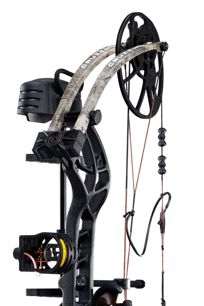 Close up of Trophy Ridge four pin sight and v-biscuit arrow rest. As well as Bear Archery's Cruzer G4 cam system and True Timber Strata camo color limbs.