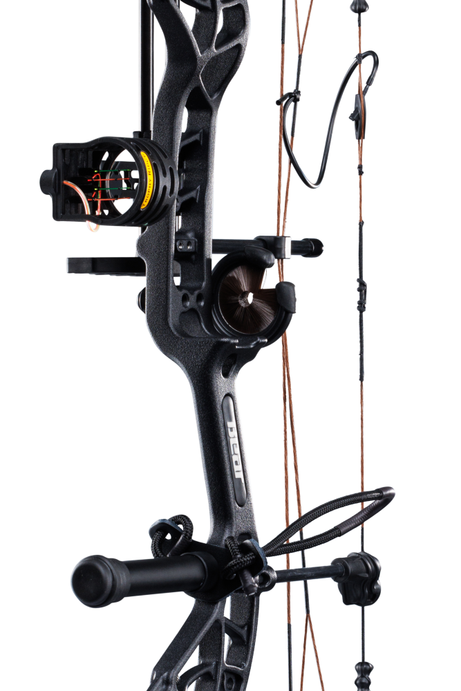 Close up of Bear Archery Cruzer G4 compound bow in color True Timber Strata highlighting Trophy Ridge accessories including a V-Biscuit rest, premium 4 pin sight, stabilizer, Radial peep sight, and wrist sling.