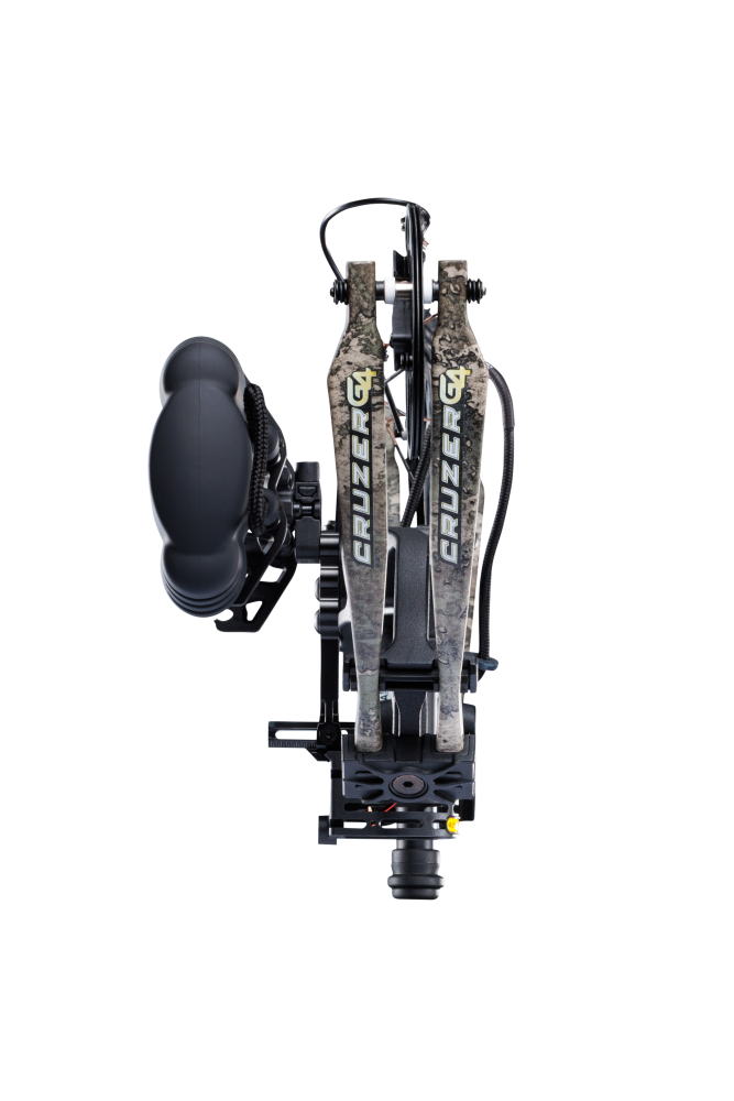 Close up of compound bow limbs showcasing Bear Archery Cruzer G4 compact bow logo on color True Timber Strata.