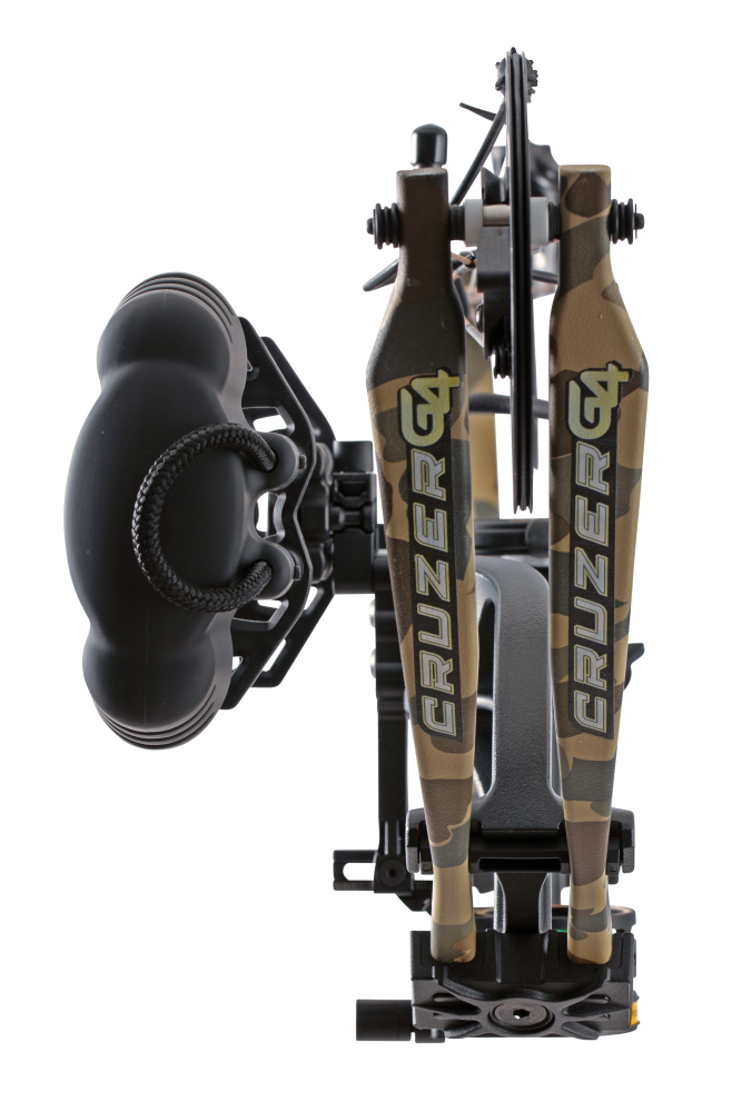 Close up of compound bow limbs showcasing Bear Archery Cruzer G4 compact bow logo on color Fred Bear.