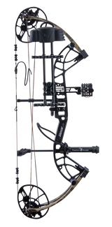 Side view of the Bear Archery Cruzer G4 Compound Bow in color Fred Bear highlighting its Trophy Ridge Ready-To-Hunt package, featuring a V-Biscuit rest, premium 4 pin sight, 5 arrow quiver, stabilizer, Radial peep sight, and wrist sling.