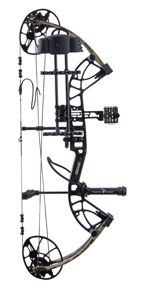 Side view of the Bear Archery Cruzer G4 Compound Bow in color Fred Bear highlighting its Trophy Ridge Ready-To-Hunt package, featuring a V-Biscuit rest, premium 4 pin sight, 5 arrow quiver, stabilizer, Radial peep sight, and wrist sling.