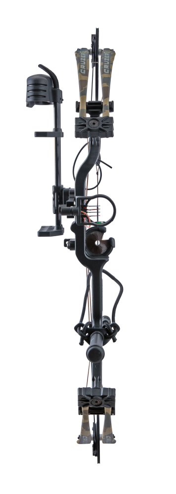 Front view Bear Cruzer G4 Compact Bow in color Fred Bear with Trophy Ridge Ready-To-Hunt accessories.