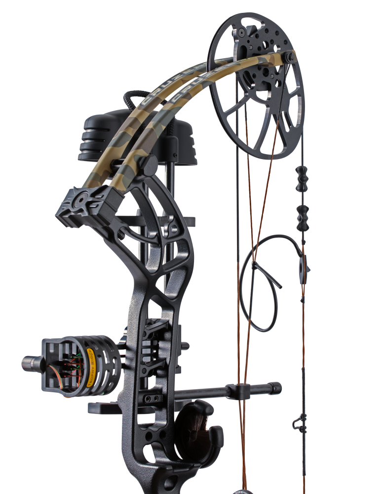 Close up of Trophy Ridge four pin sight and v-biscuit arrow rest. As well as Bear Archery's Cruzer G4 cam system and Fred Bear camo color limbs.