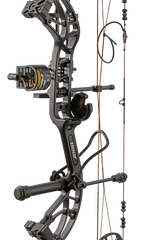 Close up of Bear Archery Cruzer G4 compact bow in color Fred Bear highlighting Trophy Ridge accessories including a V-Biscuit rest, premium 4 pin sight, stabilizer, Radial peep sight, and wrist sling.