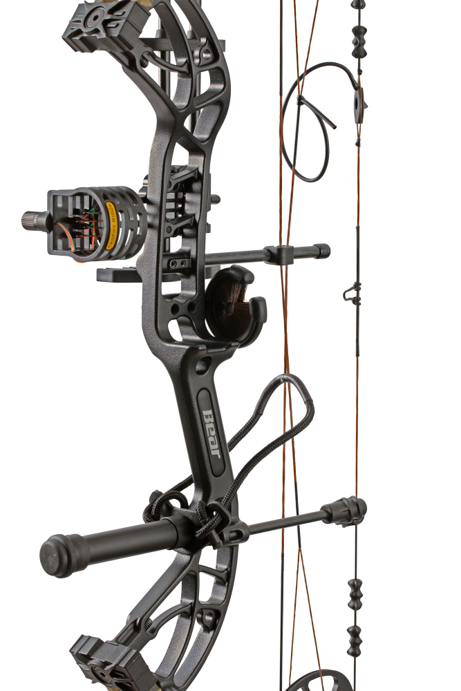 Close up of Bear Archery Cruzer G4 compact bow in color Fred Bear highlighting Trophy Ridge accessories including a V-Biscuit rest, premium 4 pin sight, stabilizer, Radial peep sight, and wrist sling.