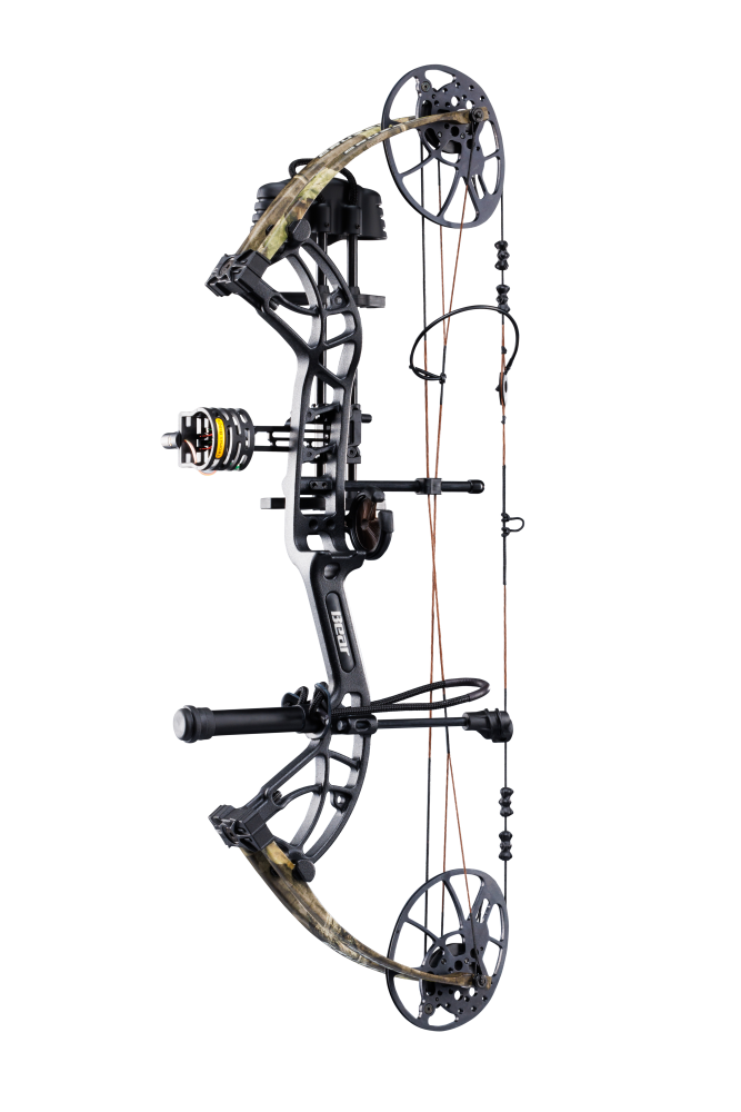 Bear Archery Cruzer G4 Compound Bow for bowhunting displayed against a transparent background, emphasizing its professional build quality, Mossy Oak Roots color option, and Trophy Ridge ready-to-hunt accessories.