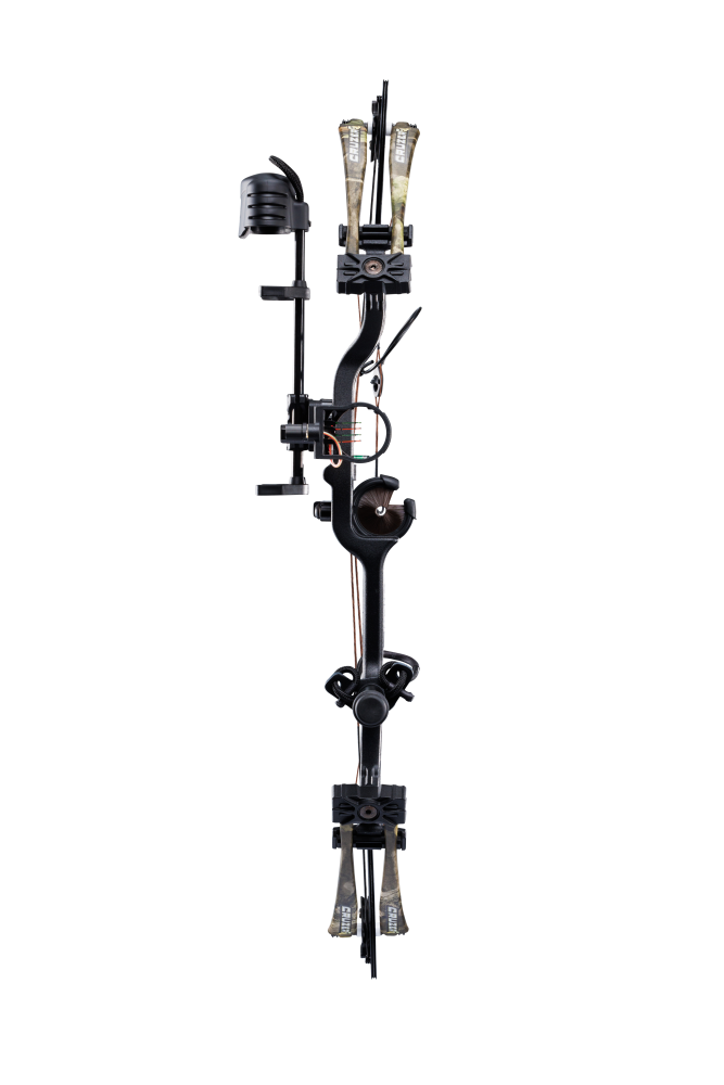 Front view Bear Cruzer G4 Compact Bow in color Mossy Oak Roots with Trophy Ridge Ready-To-Hunt accessories.