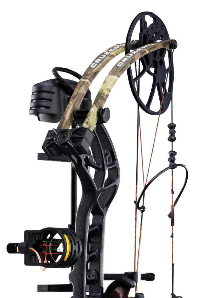 Close up of Trophy Ridge scope and Bear Archery Cruzer G4 cam system.