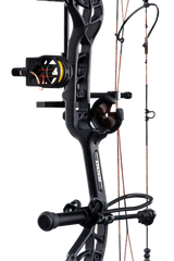 Close up of Bear Archery Cruzer G4 compound bow in color Mossy Oak Roots highlighting Trophy Ridge accessories including a V-Biscuit rest, premium 4 pin sight, stabilizer, Radial peep sight, and wrist sling.