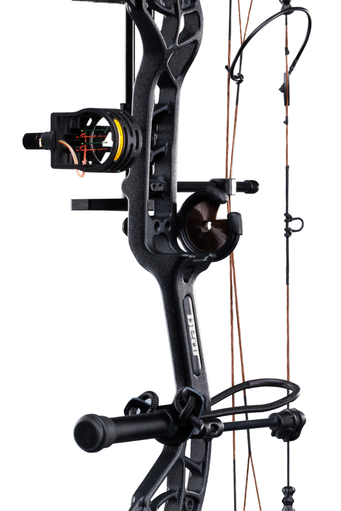 Close up of Bear Archery Cruzer G4 compound bow in color Mossy Oak Roots highlighting Trophy Ridge accessories including a V-Biscuit rest, premium 4 pin sight, stabilizer, Radial peep sight, and wrist sling.