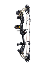 Side view of the Bear Archery Cruzer G4 Compound Bow in color Mossy Oak Roots highlighting its Trophy Ridge Ready-To-Hunt package, featuring a V-Biscuit rest, premium 4 pin sight, 5 arrow quiver, stabilizer, Radial peep sight, and wrist sling.
