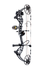 Side view of the Bear Archery Cruzer G4 Compound Bow in color Shadow highlighting its Trophy Ridge Ready-To-Hunt package, featuring a V-Biscuit rest, premium 4 pin sight, 5 arrow quiver, stabilizer, Radial peep sight, and wrist sling.
