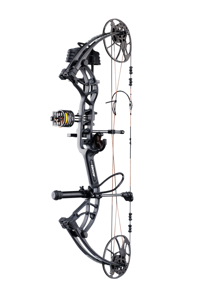 Side view of the Bear Archery Cruzer G4 Compound Bow in color Shadow highlighting its Trophy Ridge Ready-To-Hunt package, featuring a V-Biscuit rest, premium 4 pin sight, 5 arrow quiver, stabilizer, Radial peep sight, and wrist sling.