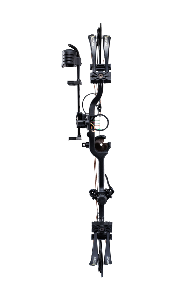 Front view Bear Cruzer G4 Compact Bow in color Shadow with Trophy Ridge Ready-To-Hunt accessories.