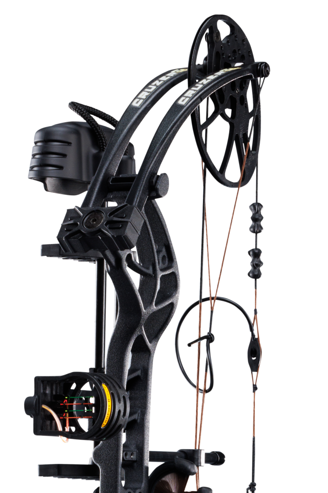Close up of Trophy Ridge scope and Bear Archery Cruzer G4 cam system.