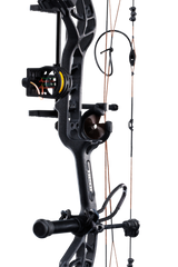 Close up of Bear Archery Cruzer G4 compound bow in color Shadow highlighting Trophy Ridge accessories including a V-Biscuit rest, premium 4 pin sight, stabilizer, Radial peep sight, and wrist sling.