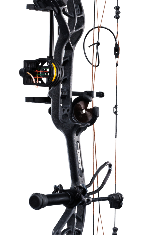Close up of Bear Archery Cruzer G4 compound bow in color Shadow highlighting Trophy Ridge accessories including a V-Biscuit rest, premium 4 pin sight, stabilizer, Radial peep sight, and wrist sling.