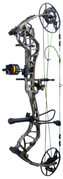 Side view of Bear Gamekeeper compound hunting bow in color Mossy Oak Bottomland highlighting a premium ready-to-hunt package from Trophy Ridge. 