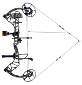 Bear Gamekeeper RTH Adjustable compound Bow in color Mossy Oak Bottomland aiming left showcasing it's 27"-32" draw length.