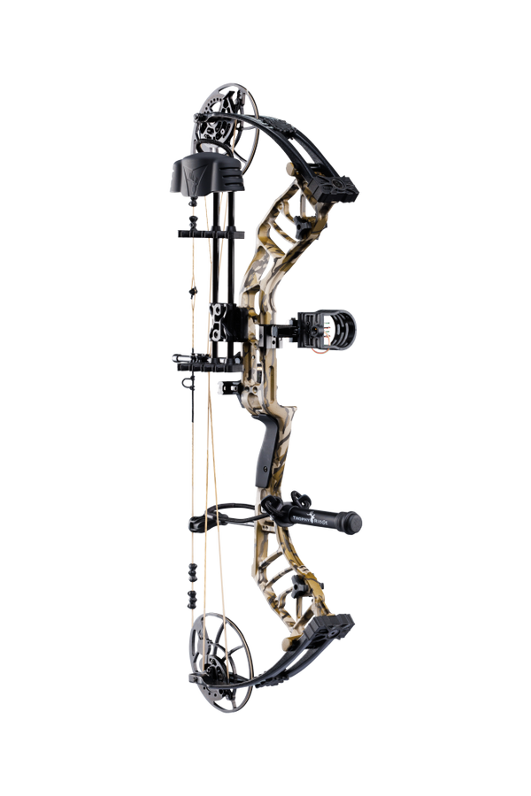 High-performance Bear Archery Legend 30 RTH compound bow for hunting in color Mossy Oak Bottomland featuring an advanced hybrid cam system.