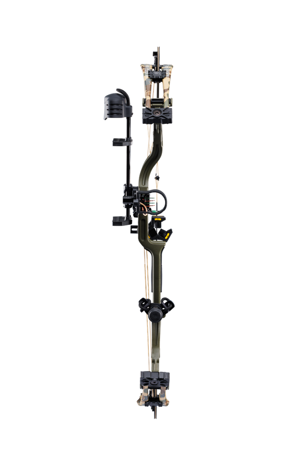 Front view of the Bear Archery Legend 30 RTH hunting bow package with a 30” axel-to-axel, hybrid cams, and a sleek modern finish in color Throwback Green.