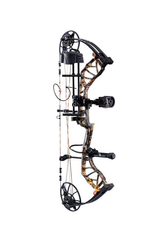 Bear Archery Legit MAXX RTH Compound Bow for bowhunting displayed against a transparent background, emphasizing its professional build quality, Wildfire color option, and Trophy Ridge ready-to-hunt accessories.