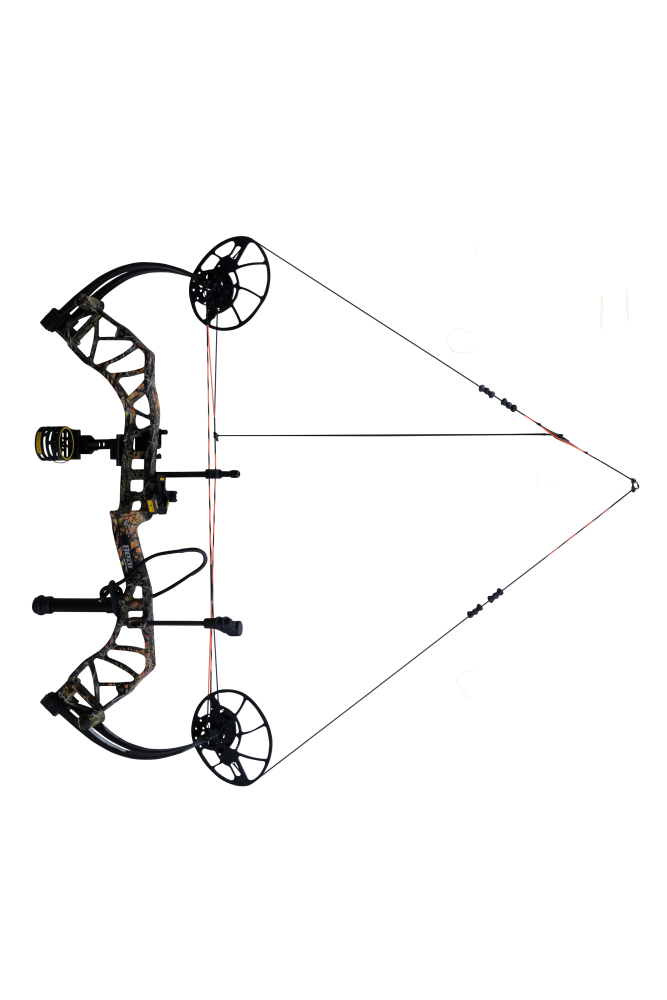 Bear MAXX RTH Adjustable compound Bow in color Wildfire aiming left showcasing it's 14"-30" draw length.