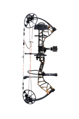 Side view of the Bear Archery Legit MAXX RTH adjustable Compound Bow in color Wildfire highlighting its Trophy Ridge Ready-To-Hunt package, featuring a V-Biscuit rest, premium Fatal 4 sight, 5 Spot arrow quiver, Snubnose stabilizer, Radical peep sight, and wrist sling.