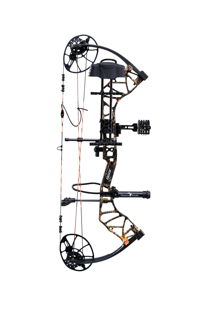 Side view of the Bear Archery Legit MAXX RTH adjustable Compound Bow in color Wildfire highlighting its Trophy Ridge Ready-To-Hunt package, featuring a V-Biscuit rest, premium Fatal 4 sight, 5 Spot arrow quiver, Snubnose stabilizer, Radical peep sight, and wrist sling.