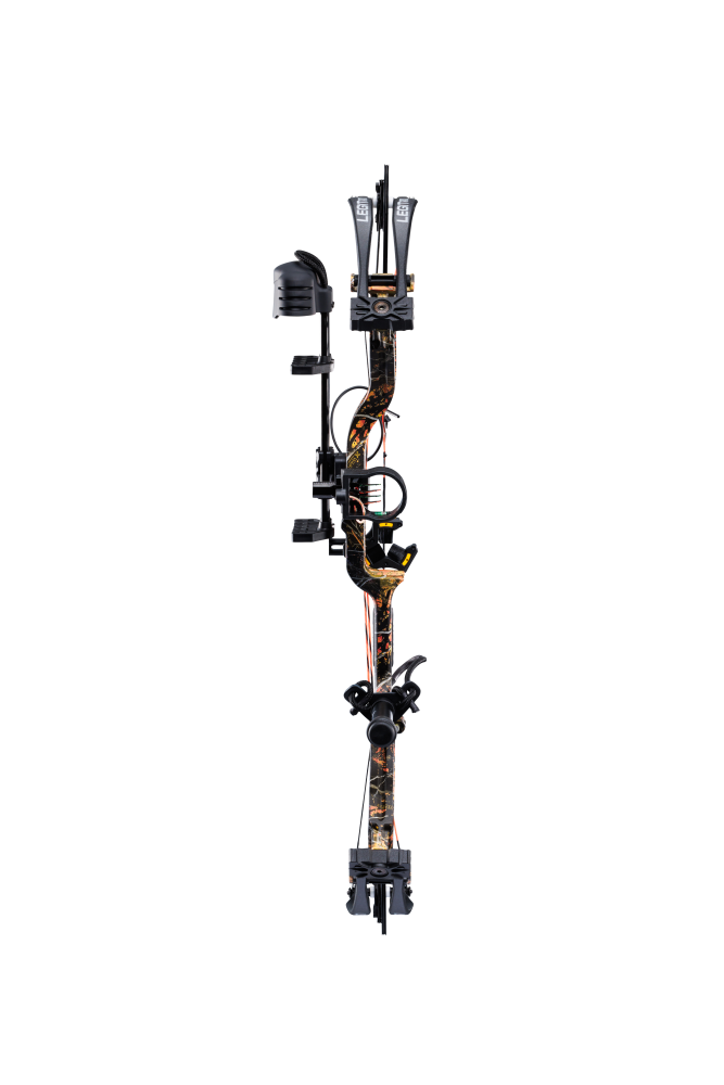 Front view Bear Legit MAXX RTH Adjustable compound Bow in color Wildfire with Trophy Ridge Ready-To-Hunt accessories.