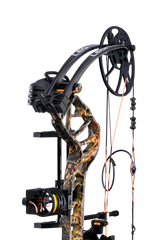 Close up of Trophy Ridge four pin sight and v-biscuit arrow rest. As well as Bear Archery's Legit MAXX RTH cam system and Wildfire color.