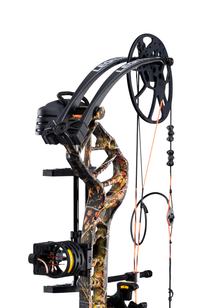 Close up of Trophy Ridge four pin sight and v-biscuit arrow rest. As well as Bear Archery's Legit MAXX RTH cam system and Wildfire color.