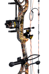 Close up of Bear Legit MAXX RTH adjustable compound bow in color Wildfire highlighting Trophy Ridge accessories including a V-Biscuit rest, premium 4 pin sight, stabilizer, Radial peep sight, and wrist sling.