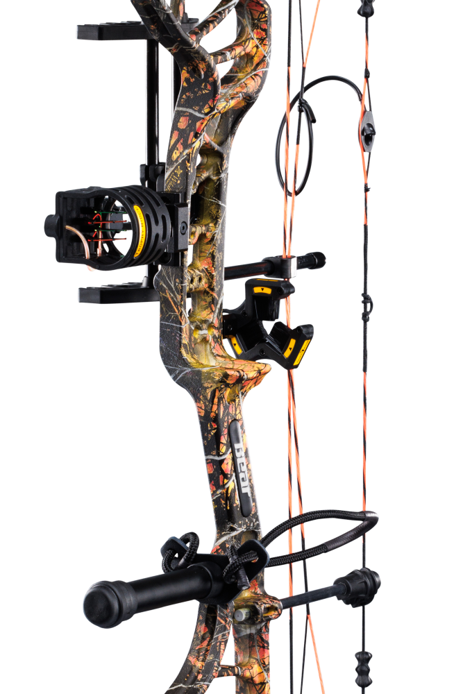Close up of Bear Legit MAXX RTH adjustable compound bow in color Wildfire highlighting Trophy Ridge accessories including a V-Biscuit rest, premium 4 pin sight, stabilizer, Radial peep sight, and wrist sling.