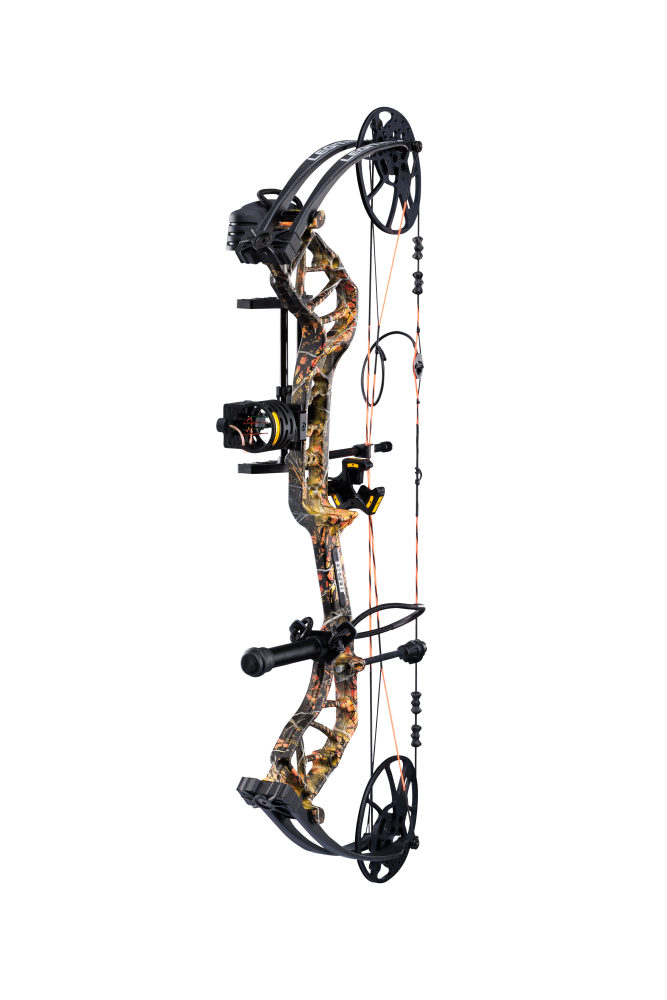 Side view of Bear Legit MAXX RTH adjustable compound bow in color Wildfire displayed on a transparent background. 