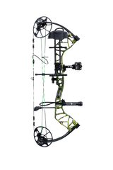 Bear Archery Legit MAXX RTH Compound Bow for bowhunting displayed against a transparent background, emphasizing its professional build quality, Toxic color option, and Trophy Ridge ready-to-hunt accessories.