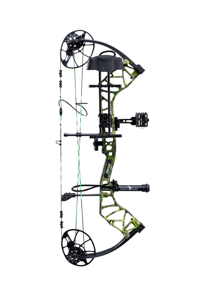 Bear Archery Legit MAXX RTH Compound Bow for bowhunting displayed against a transparent background, emphasizing its professional build quality, Toxic color option, and Trophy Ridge ready-to-hunt accessories.