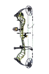 Side view of Bear Archery Legit MAXX RTH showcasing its 30" axel length, dual cams, Trophy Ridge ready-to-hunt package, and Toxic color. 
